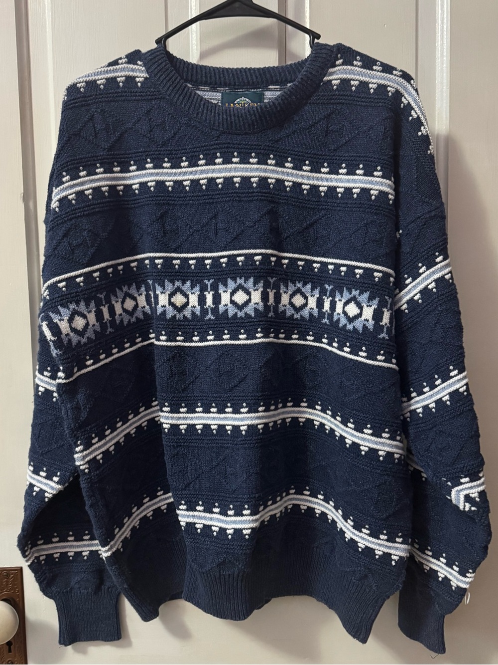 Jantzen Navy and White Fair Isle Crewneck Sweater